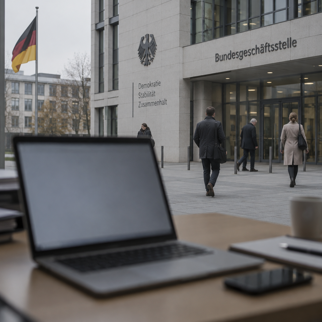 Government office building with people in background, laptop on desk with blurred screen.