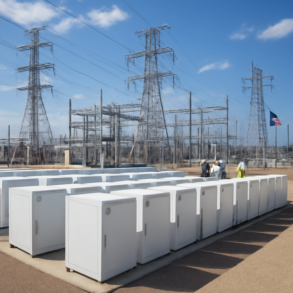 Utility workers stand near rows of battery units and electrical infrastructure at a Texas power grid substation.