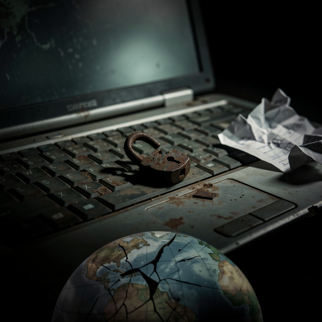 Broken laptop keyboard with rusty lock and eerie glow, symbolizing cyberattack and data breach.