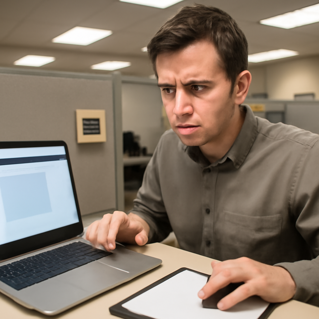 Person in office cubicle looks at laptop with confusion and curiosity.