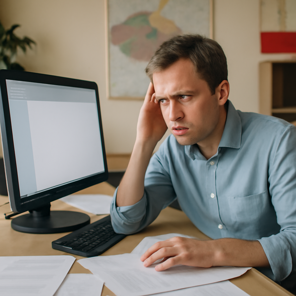Person at desk looks concerned while checking emails on computer screen.