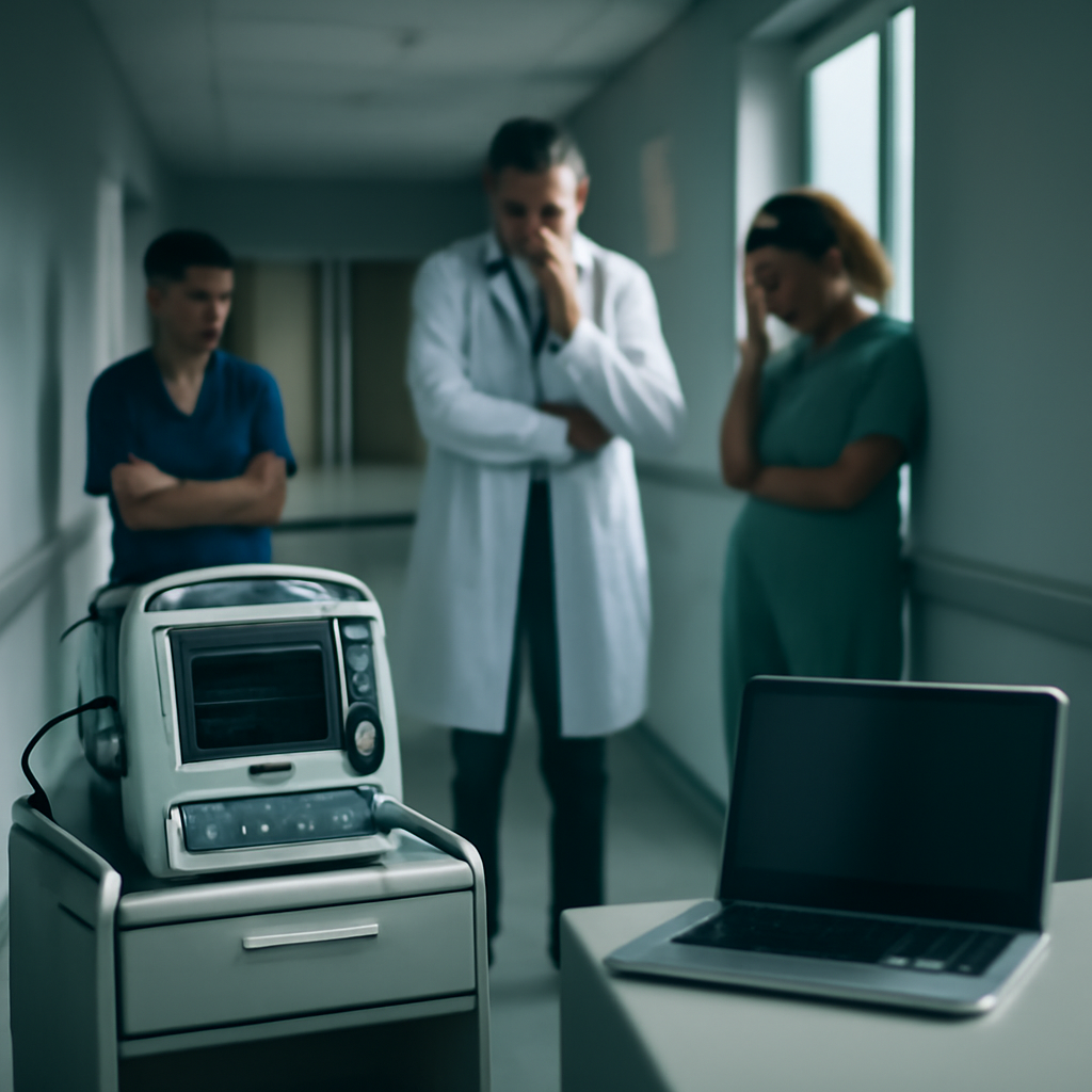 Hospital staff stand in a dimly lit corridor near a medical device and computer.