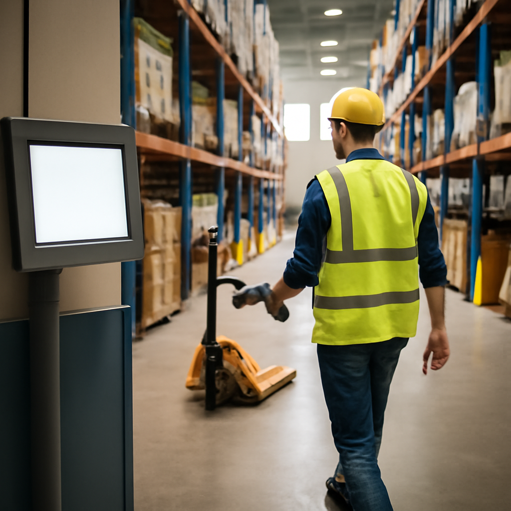 Worker in high-visibility vest uses handheld scanner near pallet jack in warehouse.