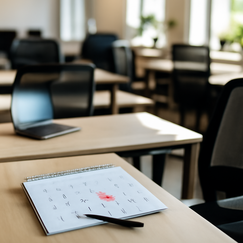 Empty desks and chairs in a brightly-lit office with a blurred computer terminal in the background.