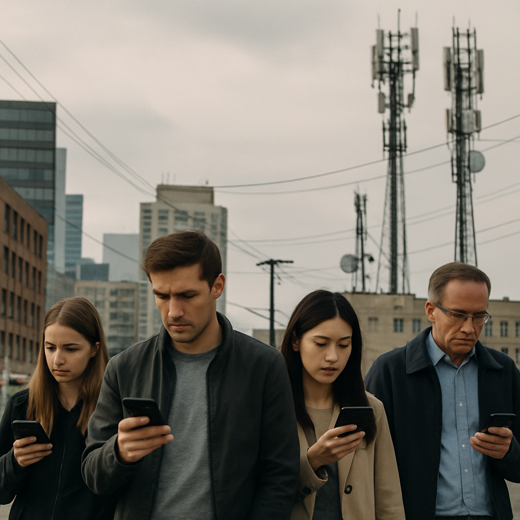 People walk in a cityscape with cell towers and cables in the background.