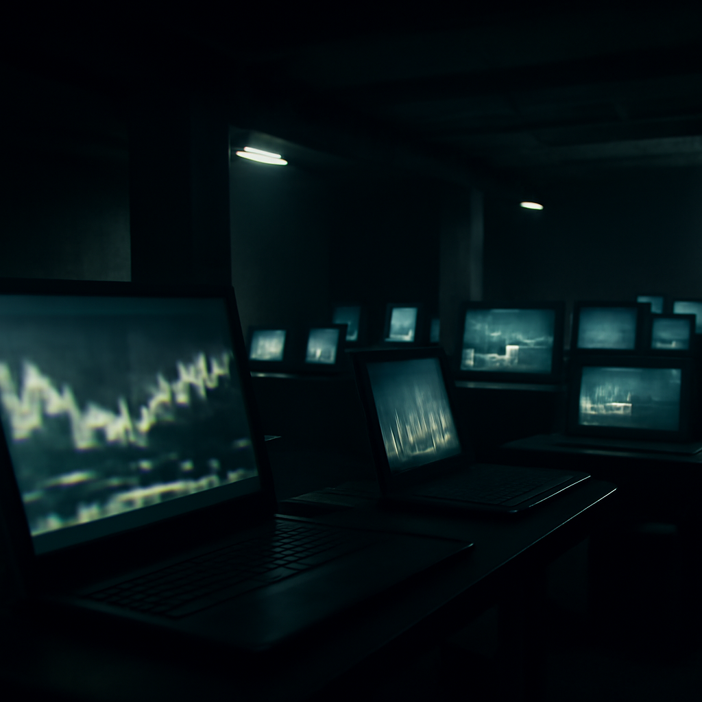 Darkened underground digital marketplace with rows of screens displaying abstract data.