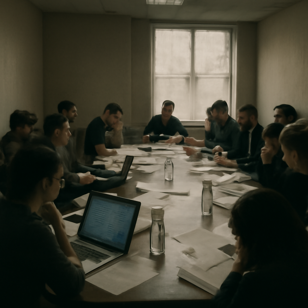 People in a crowded conference room discuss urgently, some using laptops, in a dimly lit space with a neutral color palette.