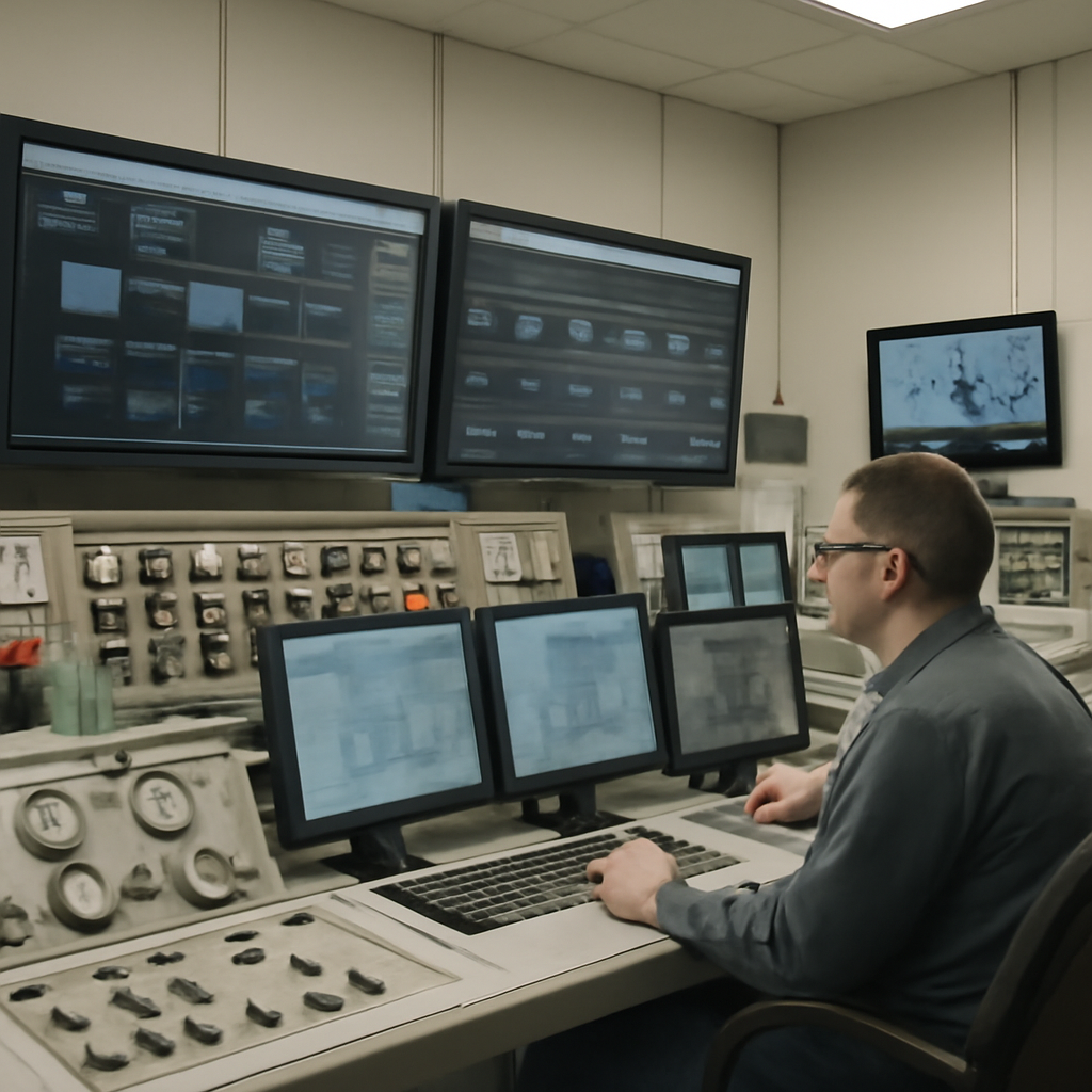 Control room with analog and digital equipment for managing critical infrastructure.