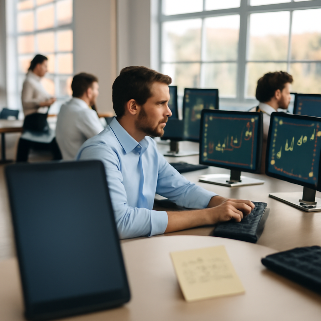 Blurred device screen on a desk in a busy financial office with employees in the background.