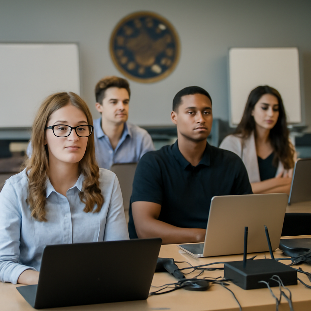 Young adults in casual professional attire seated in a modern conference room with technology equipment.