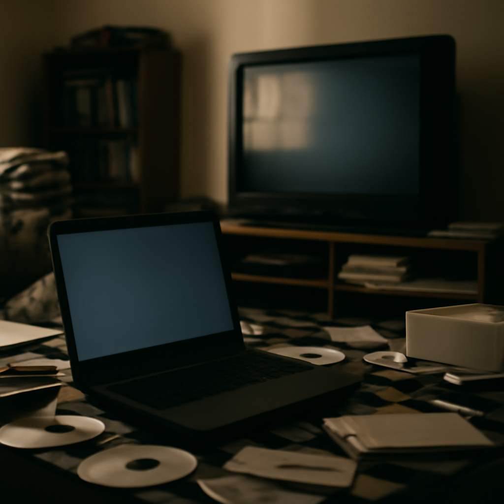 Dimly lit home entertainment room with laptop surrounded by pirated media items.