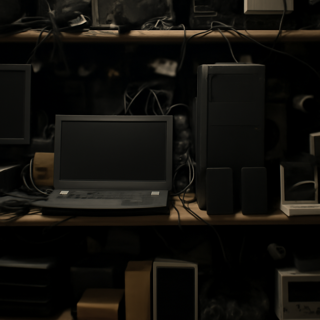 Cluttered market stall with computer peripherals and devices on display.