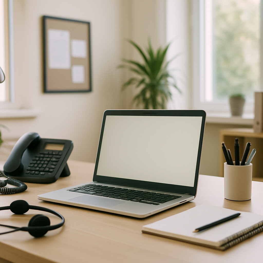 A brightly-lit office workspace with a laptop on a desk, surrounded by ordinary decor and a subtle hint of a phone nearby.