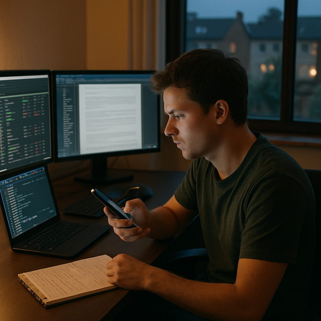 Person sitting at desk with phone, surrounded by computer monitors and notes, in a dimly lit room with a cityscape visible…