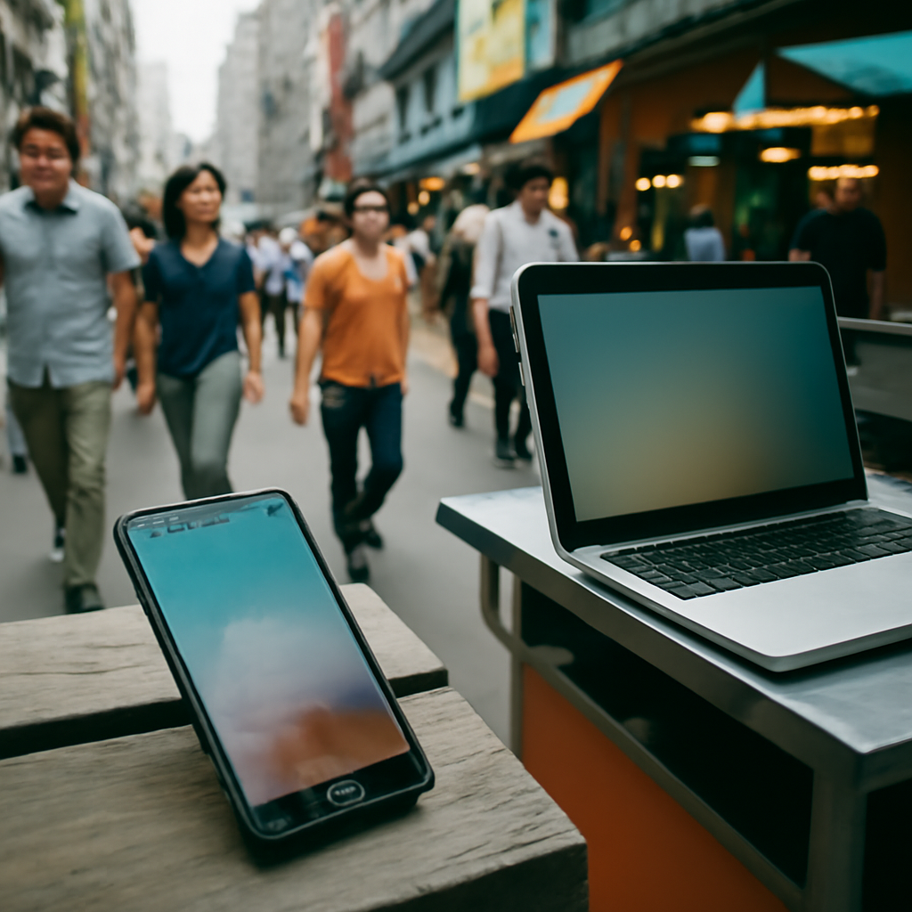 Smartphone lies cracked on a bench in a bustling Asia-Pacific city street.