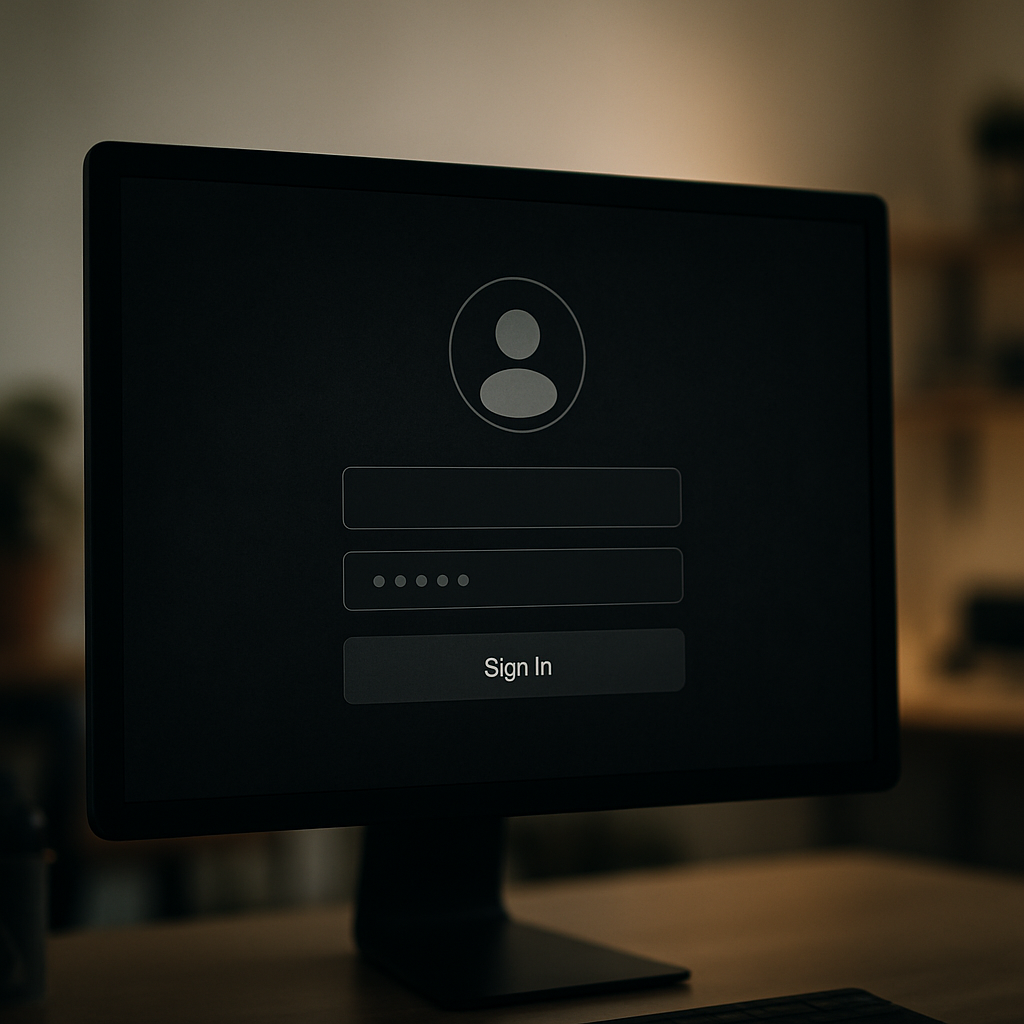 Dark login screen on a computer monitor in a blurred home office setting.