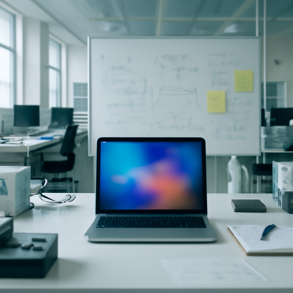 Modern tech lab with empty workstations, spotlight on a lone laptop screen displaying a blurred interface.