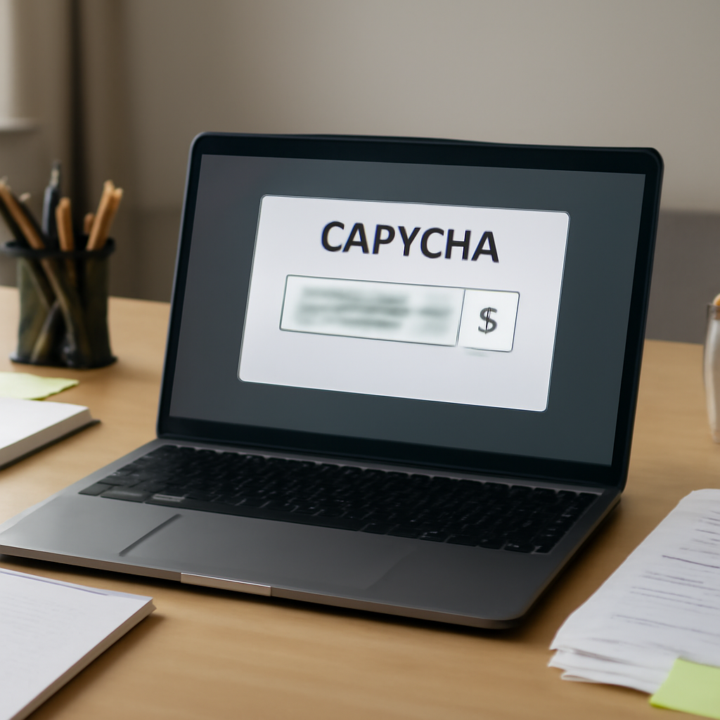 Laptop on office desk with blurred CAPTCHA on screen, surrounded by papers and supplies.