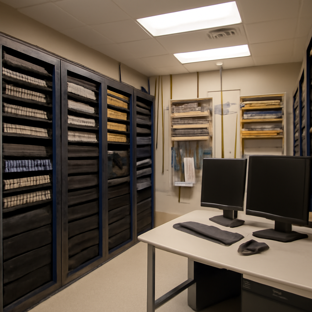 Modern office network closet with equipment racks, patch panels, and computer workstations.