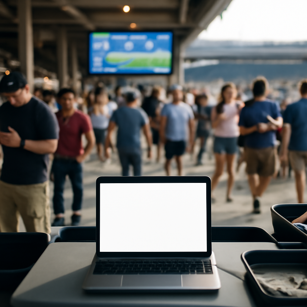 Crowded stadium concourse with people walking, some on phones, with a laptop on a food tray in the foreground.