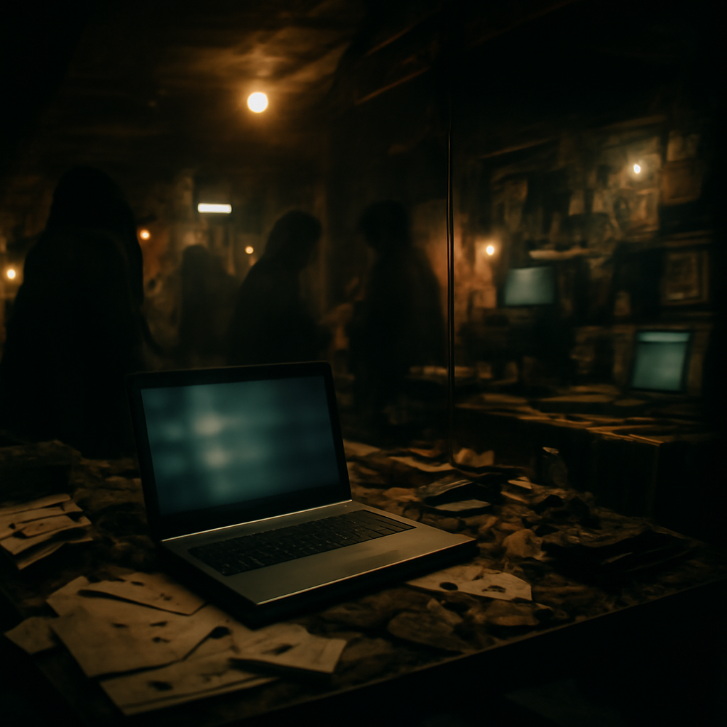 Dimly lit underground market scene with old and new tech, hooded figures in background.