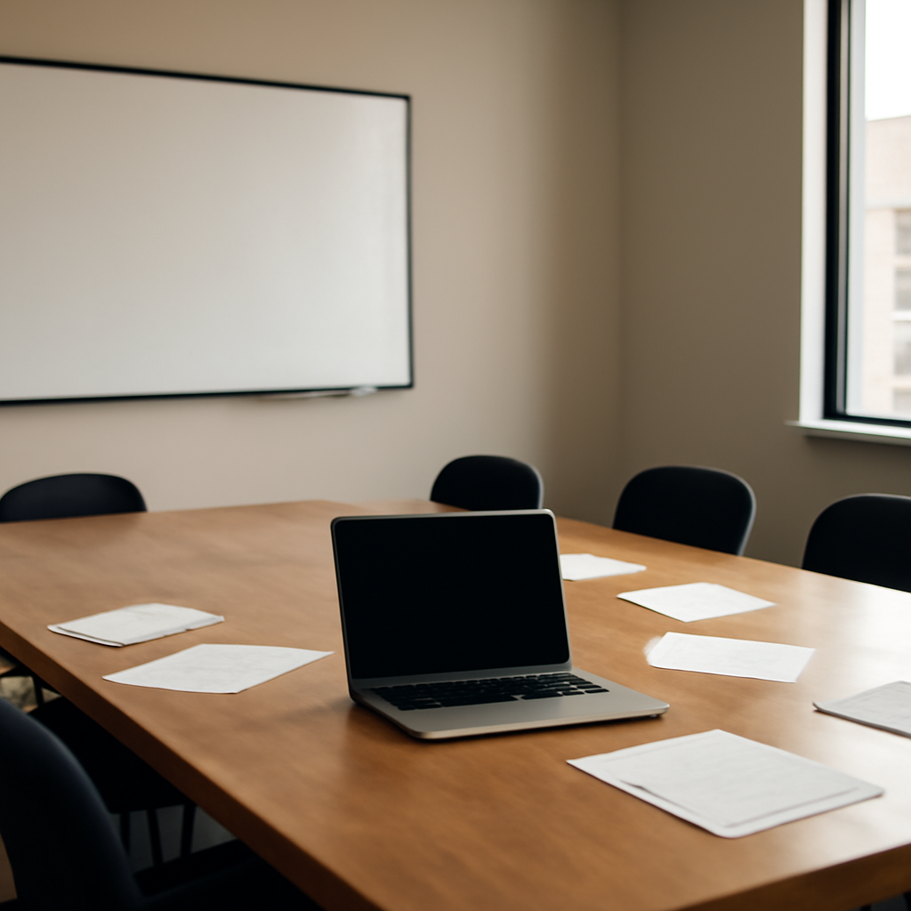 Empty conference room with laptop and papers on a wooden table, overlooking a blurred cityscape through a window.