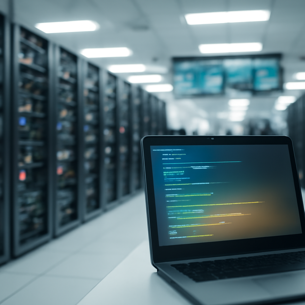Busy network operations center with rows of equipment and a blurred laptop screen displaying code in the foreground.