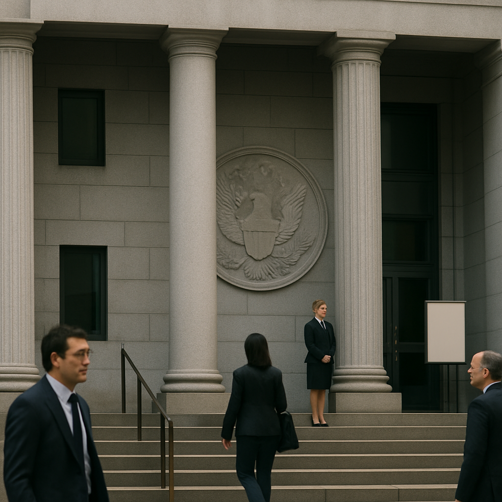 Formal courthouse or government building interior with subtle seal emblem.