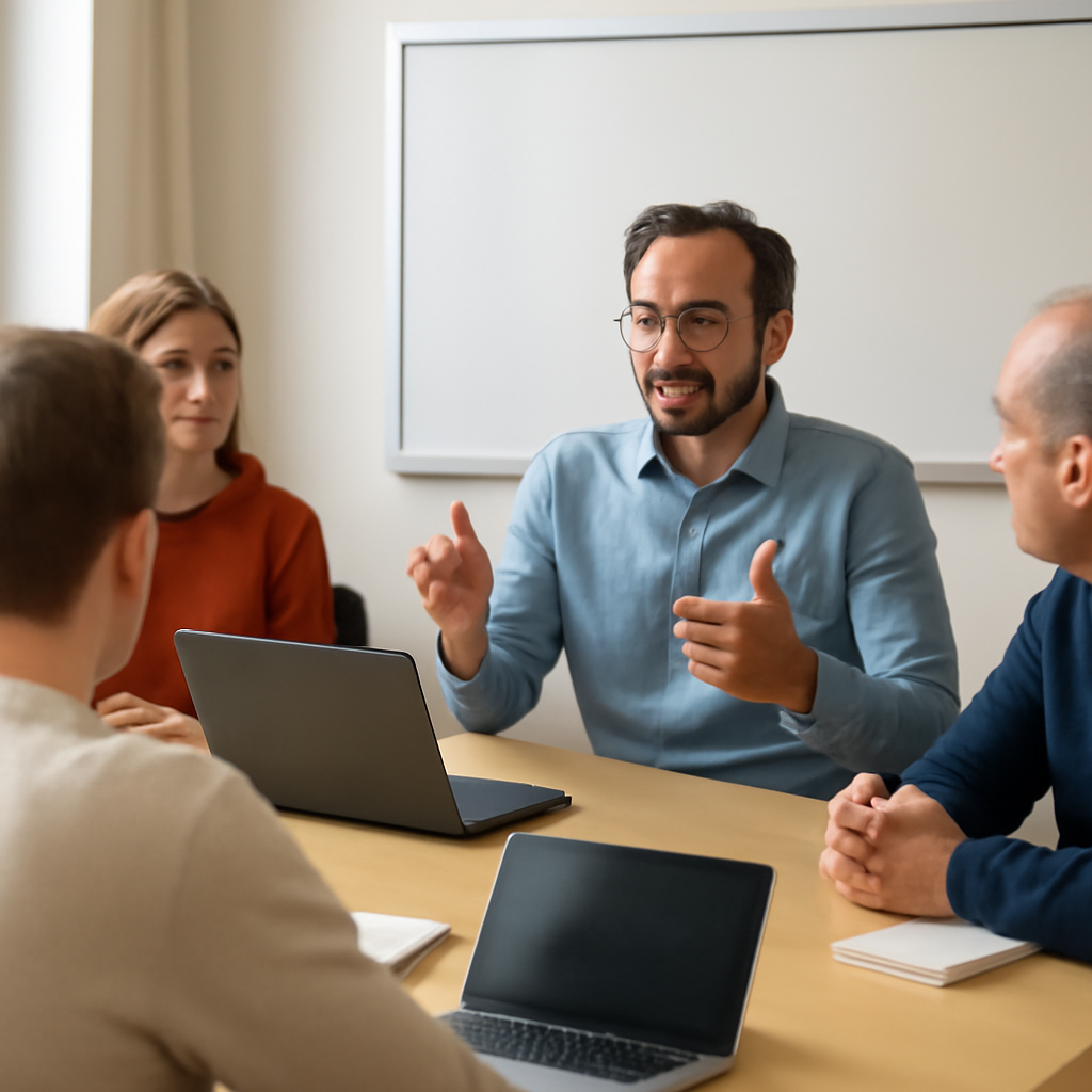 Experts discuss AI risks in a brightly-lit conference room setting.