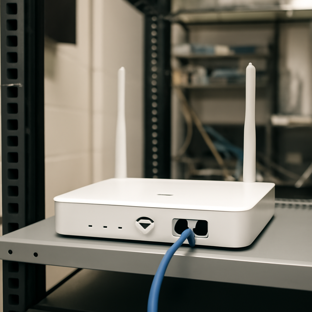 Public Wi-Fi access point in a hotel equipment room.