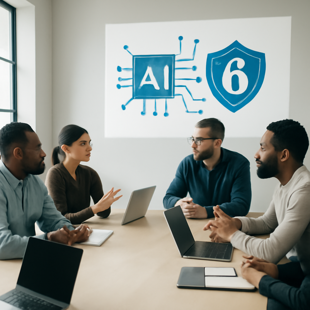 Diverse cybersecurity professionals gather around a conference table in a bright, modern room.