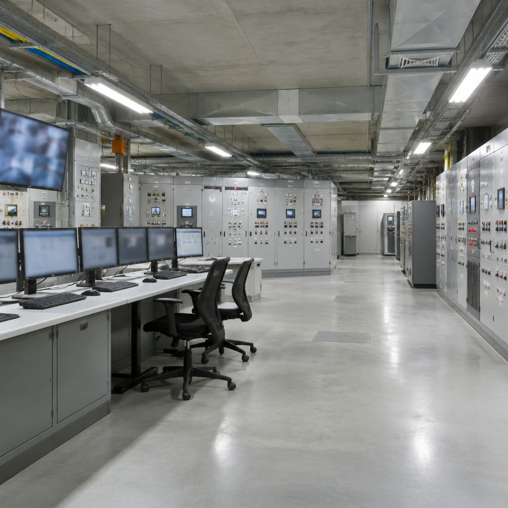 Secure facility's underground room with industrial control systems and consoles.