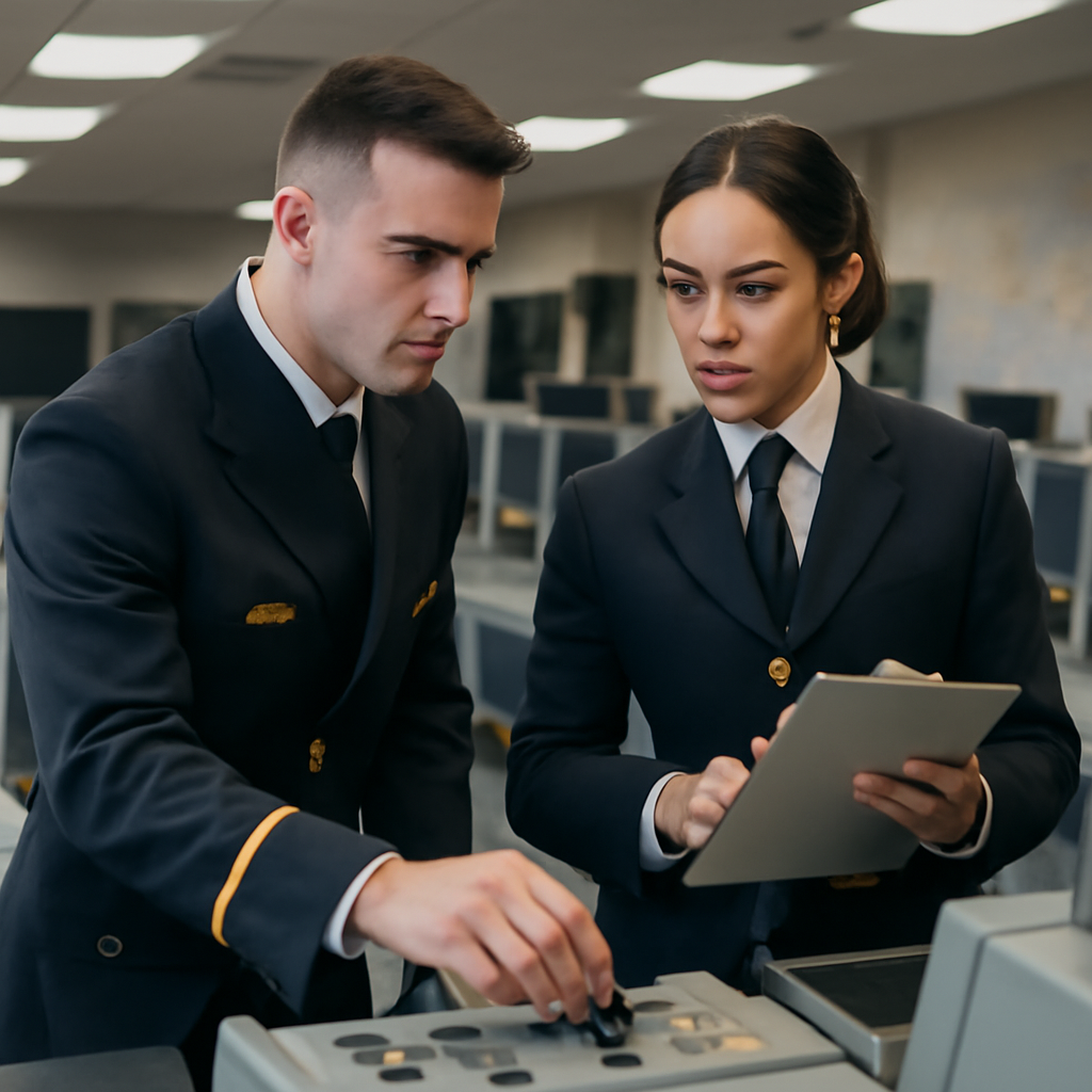 Two junior military officers conduct pre-operational checks on equipment in a control center with consoles and monitoring…