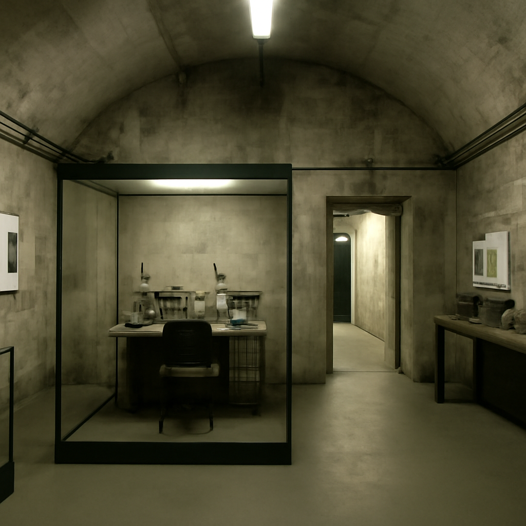 Repurposed underground bunker museum with broadcasting studio and historical equipment on display.