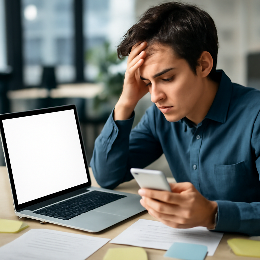 Person at desk with laptop and smartphone looks concerned amidst papers and notes.
