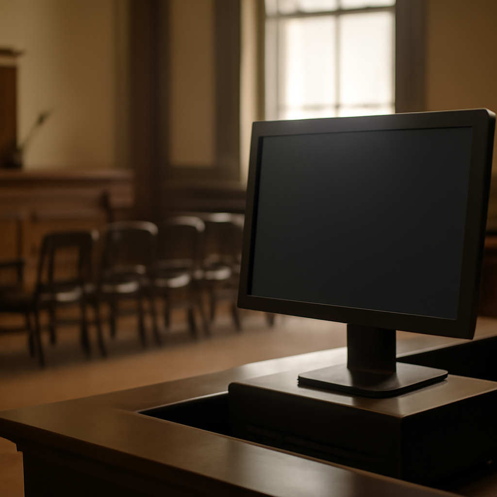Empty chairs and a quiet hallway in a courthouse with a computer terminal in the foreground.