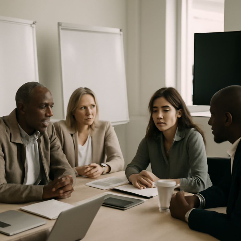Diverse professionals in a crisis meeting room with empty whiteboards and blank screens, surrounded by natural daylight.