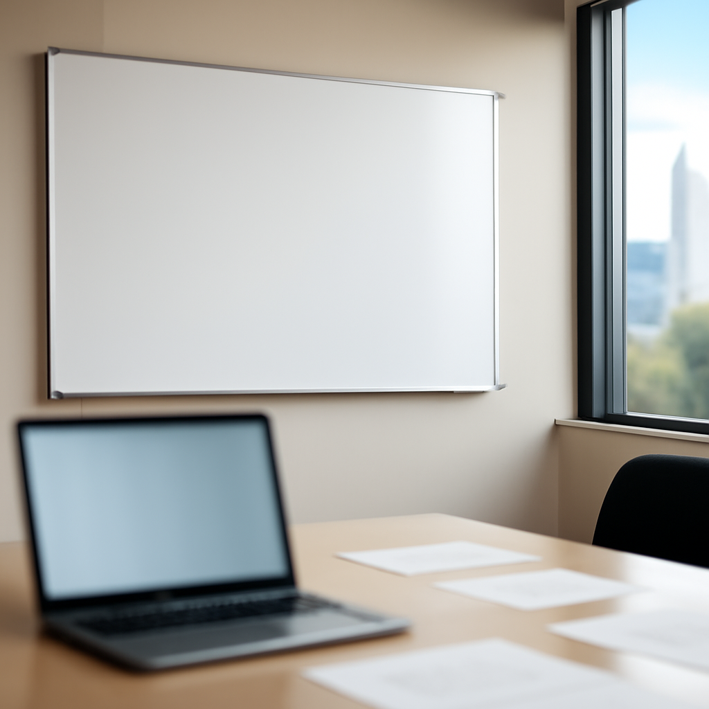 Empty conference room with laptop and papers, overlooking cityscape.