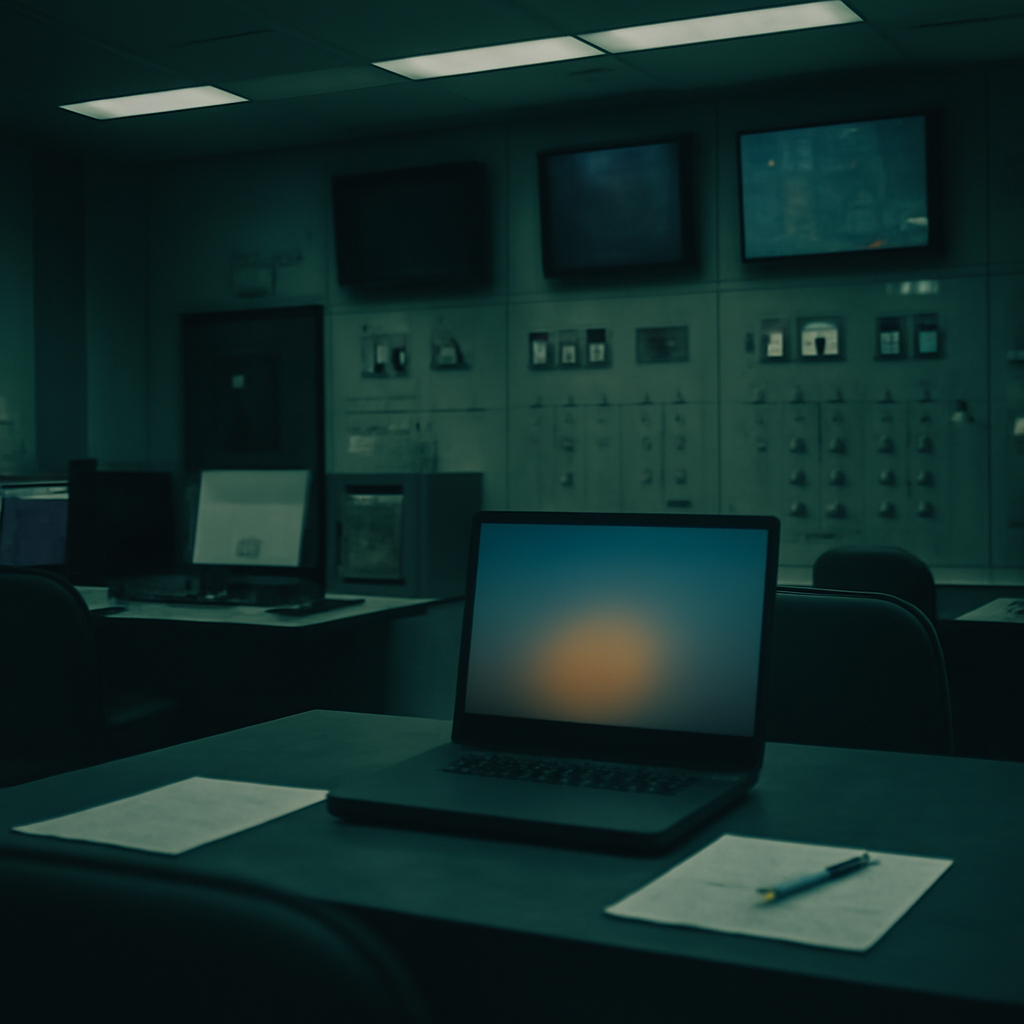 Dimly lit industrial control room with unoccupied workstation and blurred laptop screen.