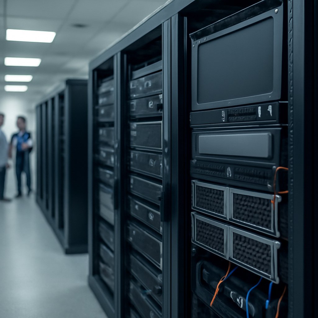 Server room interior with rows of computer equipment and technicians in the background.