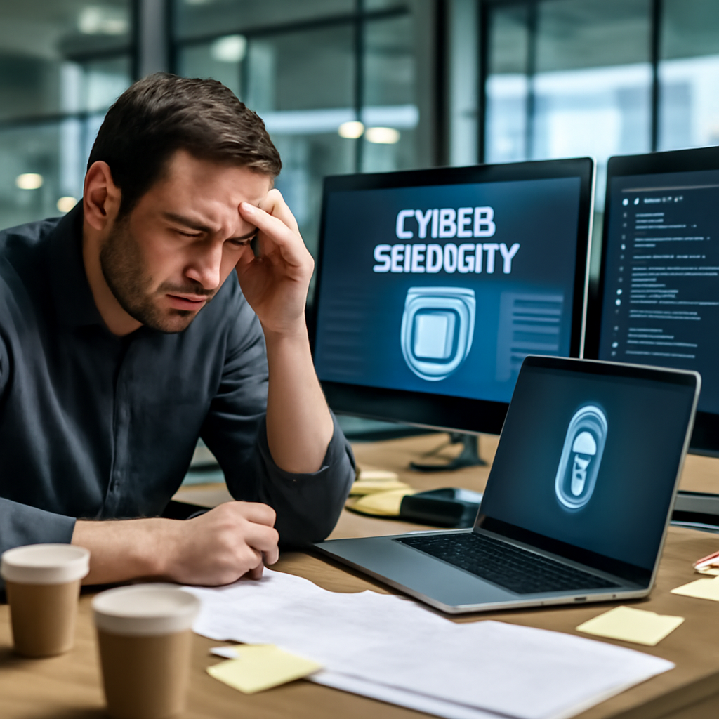 Cybersecurity pro surrounded by cluttered workspace and multiple screens.
