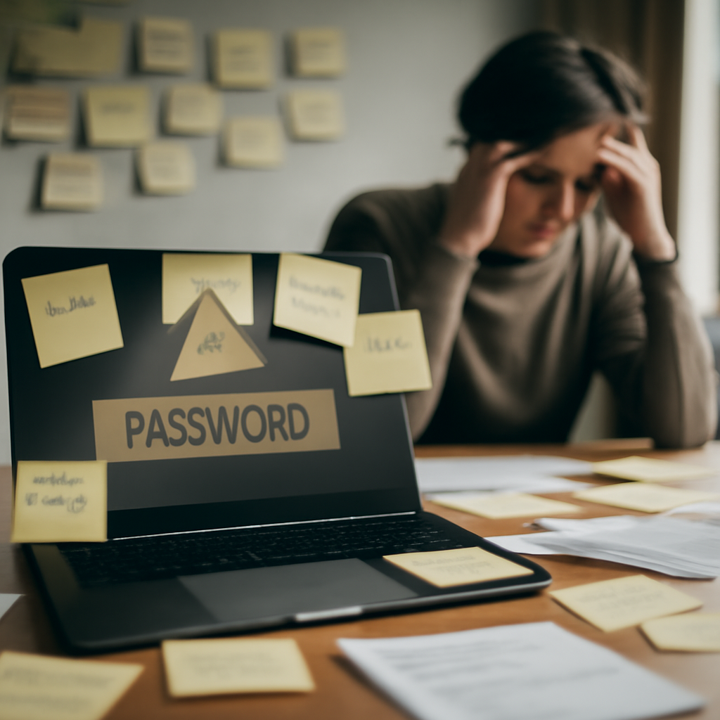 Person sits at cluttered desk with laptop and papers, surrounded by reminders, conveying information overload and security…