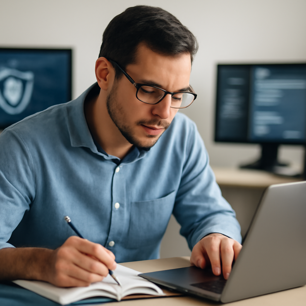 Professional surrounded by technology and learning materials in a bright room.
