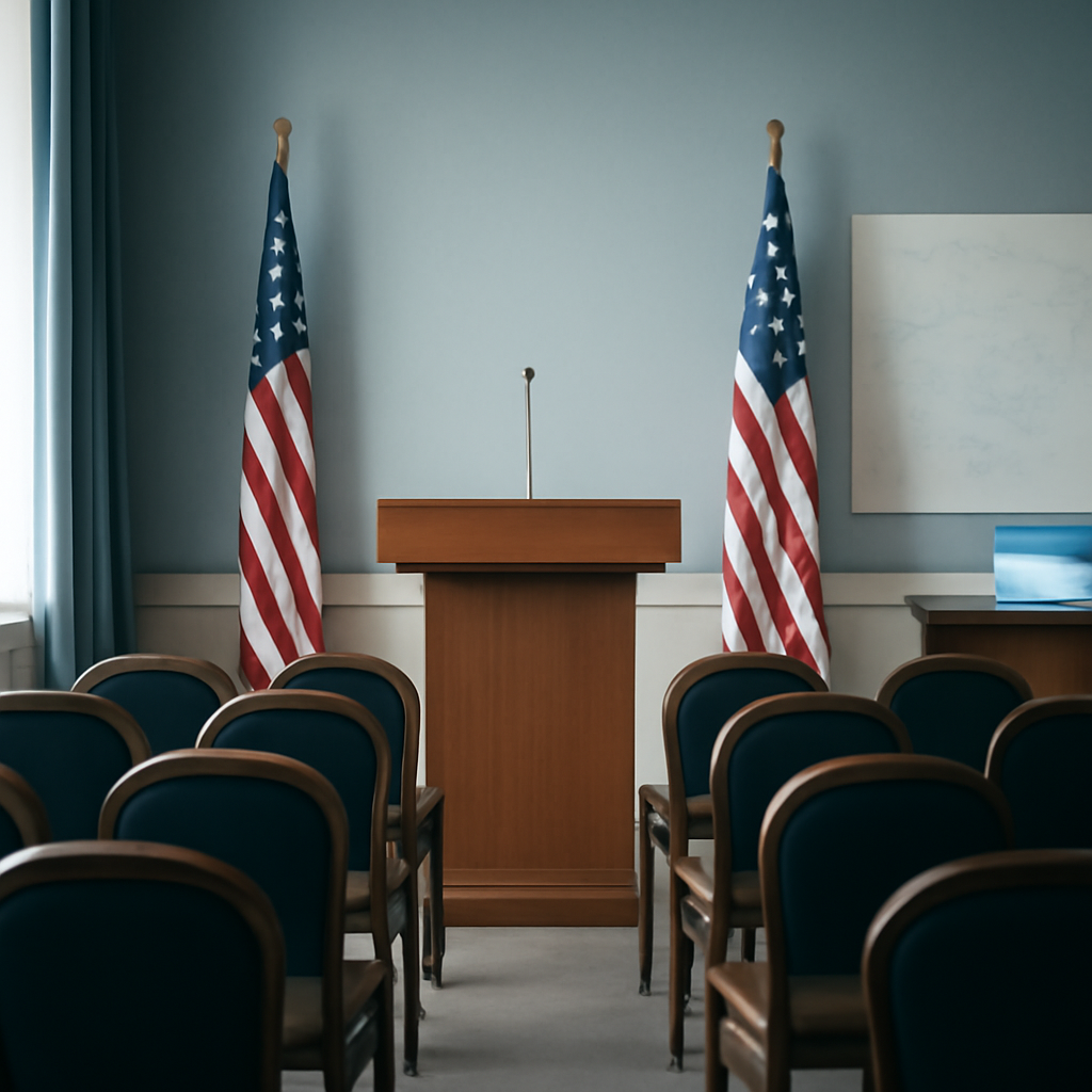 Empty chairs surround a podium in a formal conference room with subtle digital technology hints.