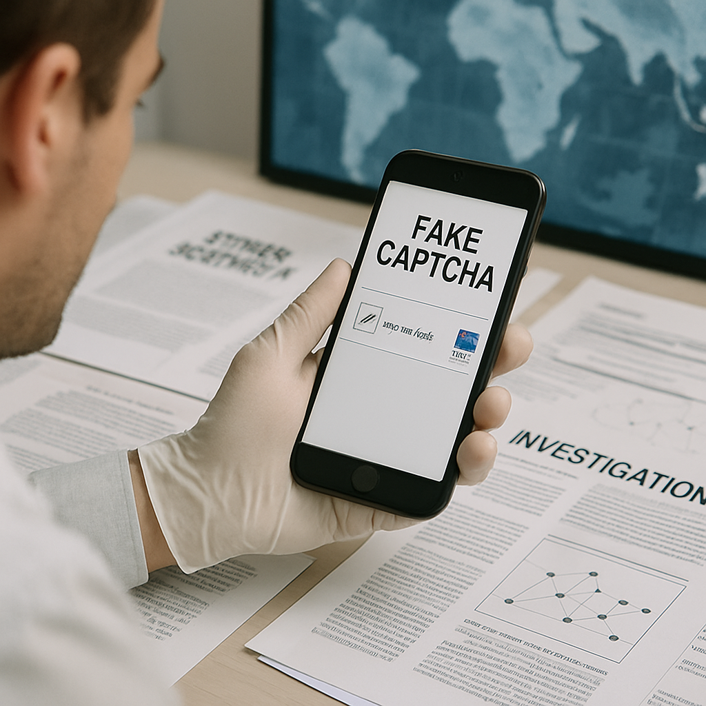 Researcher examines smartphone with fake CAPTCHA webpage, surrounded by investigation documents.