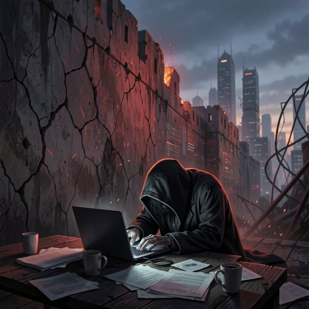 Dimly lit figure hunched over laptop in cityscape with ominous fortress wall looming in background.