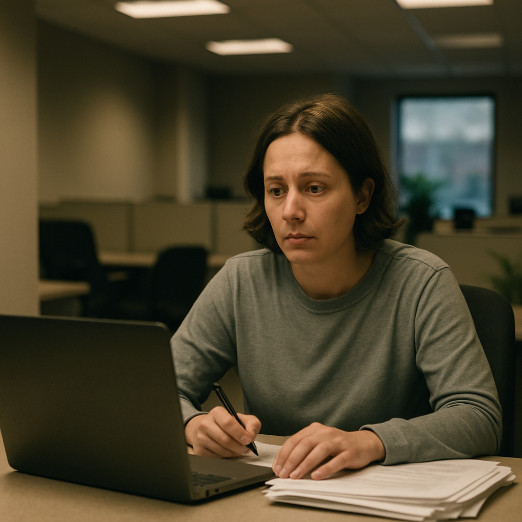 Person sitting at desk with laptop and papers, surrounded by empty office spaces, with a neutral and slightly concerned…