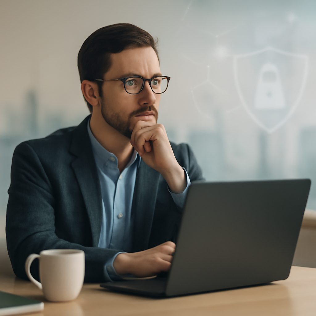 Security professional contemplates decision, sitting with laptop, coffee, and notebook nearby.