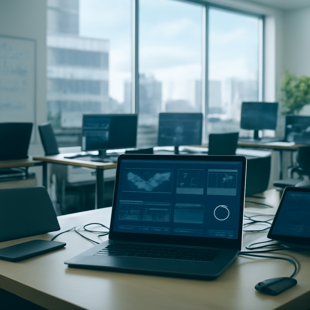 Modern office workspace with various devices and blurred laptop in focus.