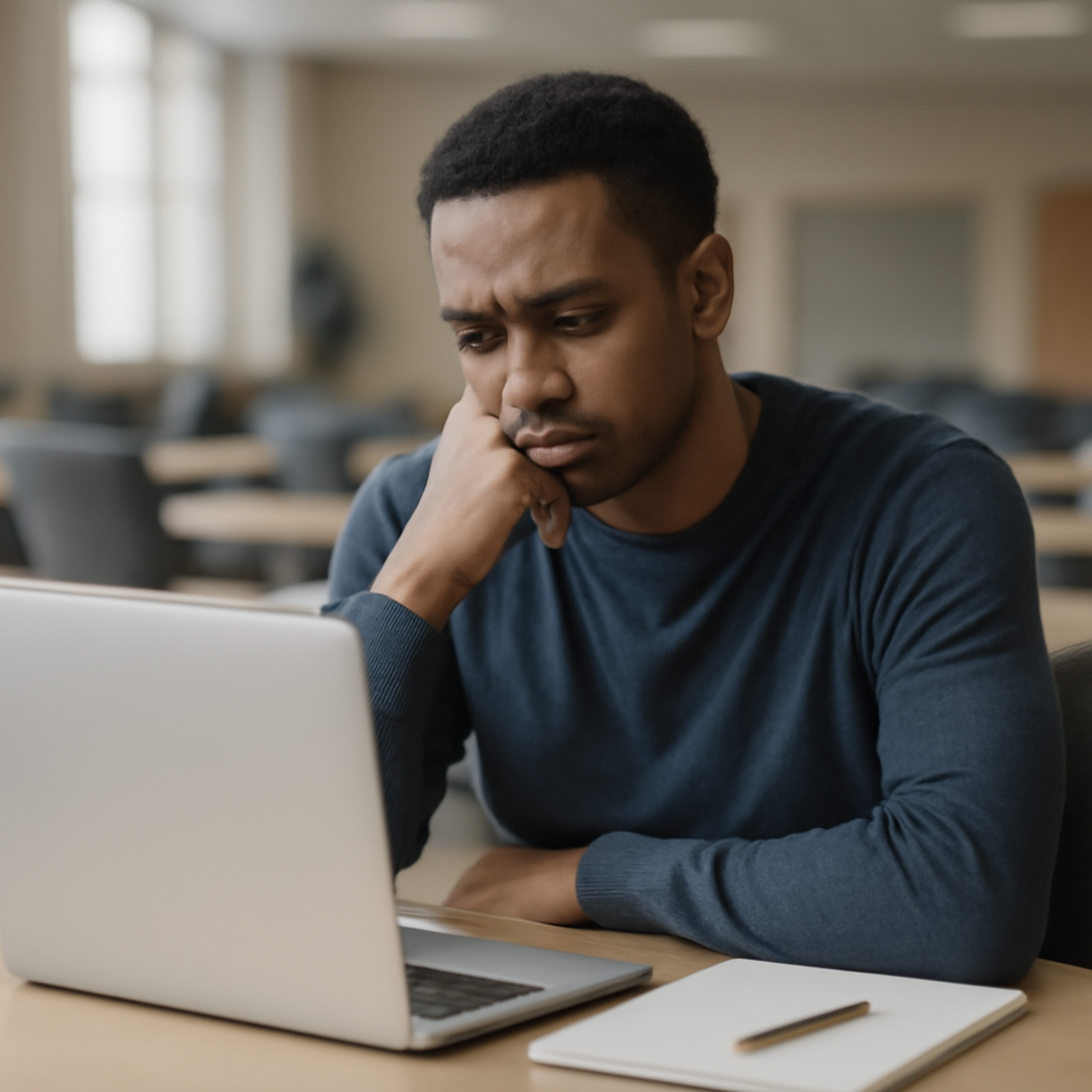 Person sitting at desk with laptop and notepad, looking concerned.